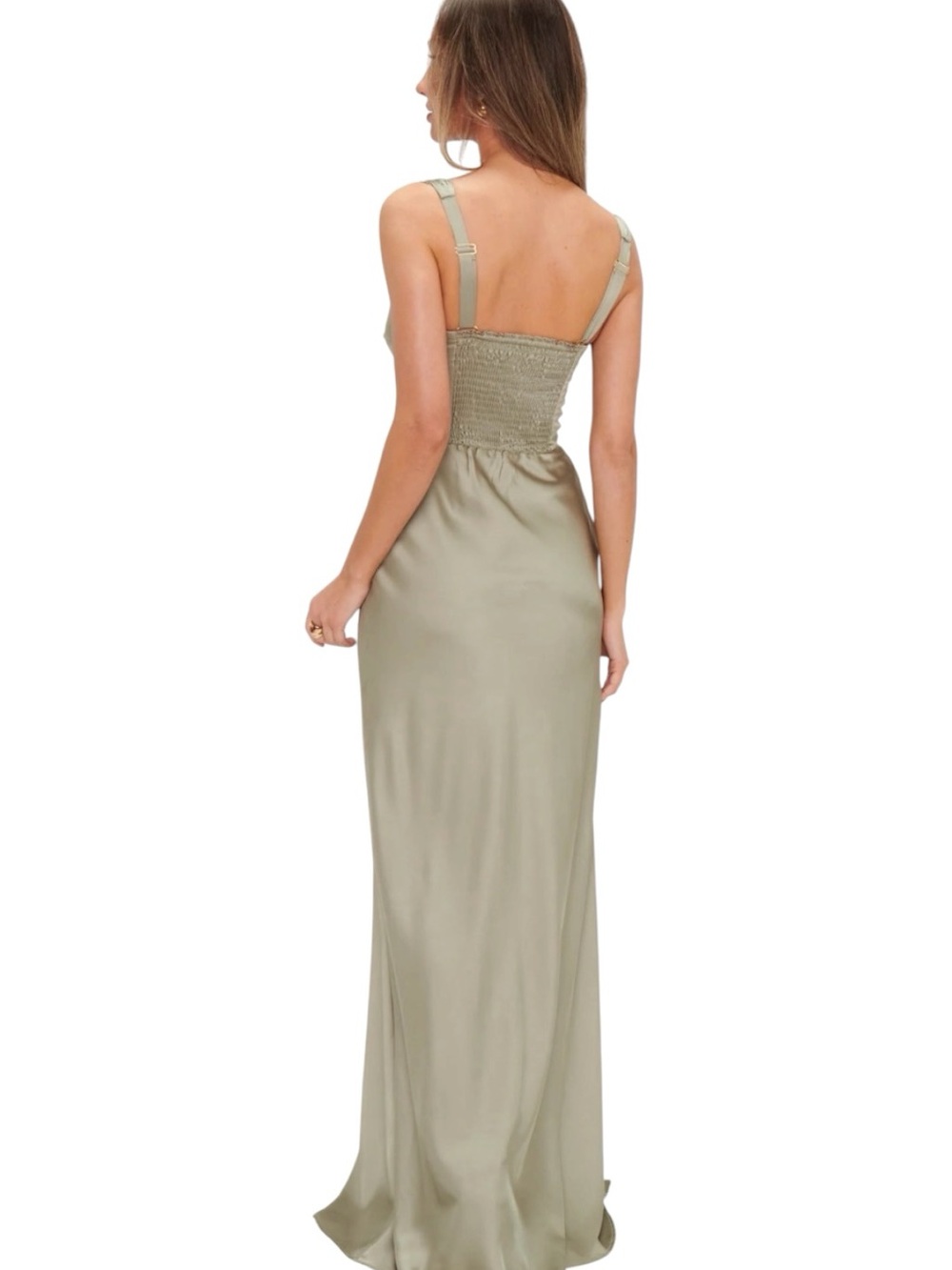 Show Me Your Mumu Lana Maxi Dress Women's Medium Moss Green Luxe Satin - Picture 2 of 16